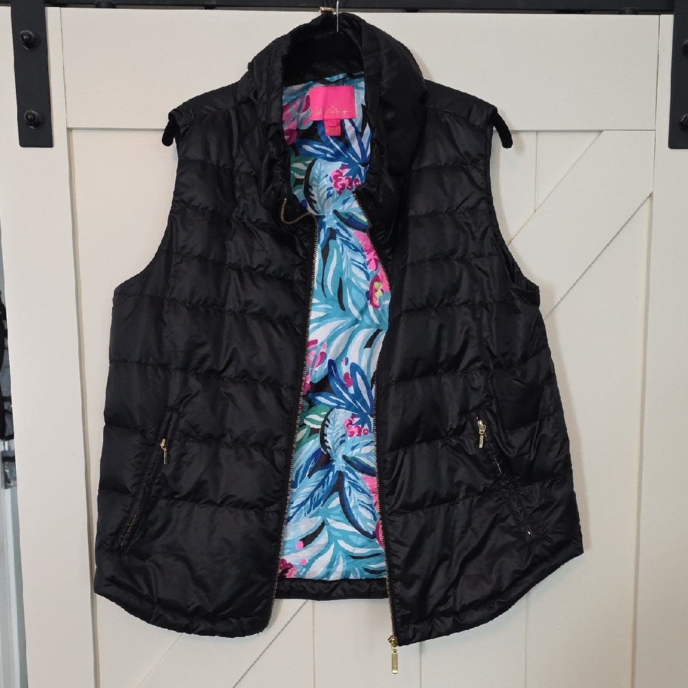 Lilly Pulitzer Black Quilted Vest with Floral Lining